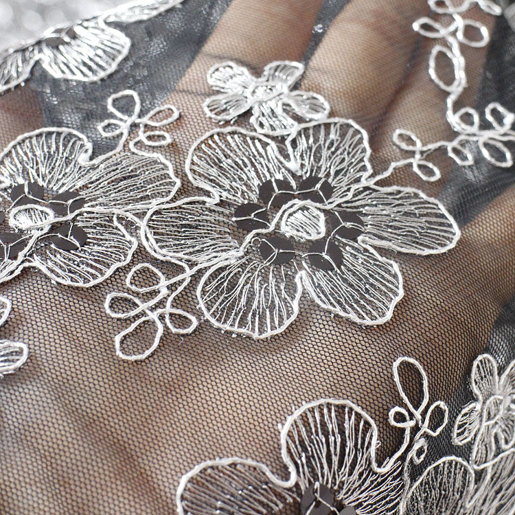 58” Width Silver Line Out Of Black Mesh Floral Embroidery Bone Lace Fa 