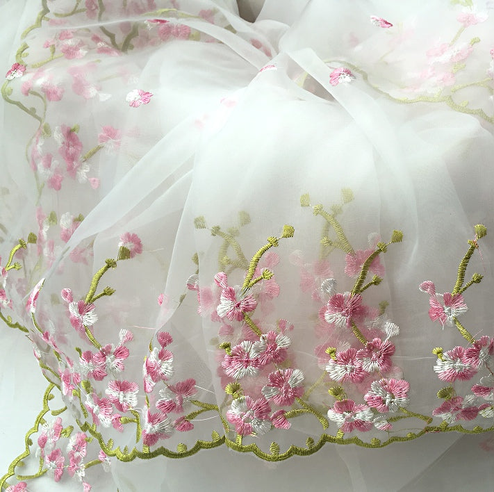 51 Width White Organza Pink Floral Embroidery Lace Fabric by the