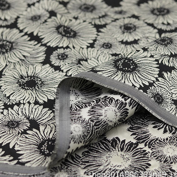 59 inches Width Black and White Contrast Daisy Floral Jacquard Fabric