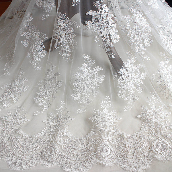 New Arrival Embroidery Lace Fabric Bridal Lace Fabric 130cm Width Wedding  Dress Fabric With Silver Seuqins Stunning Fabric Sell by Yard 