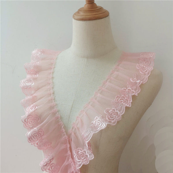 3 Yards Premium Rose Floral Embroidery Ruffle Lace Frill Lace Pink Lac –  iriz Lace