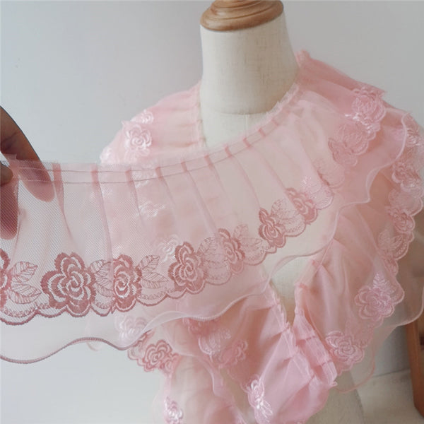 3 Yards Premium Rose Floral Embroidery Ruffle Lace Frill Lace Pink Lac –  iriz Lace