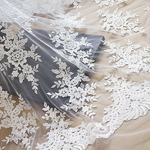 Floral Embroidered White Lace Bridal Fabric by the Yard