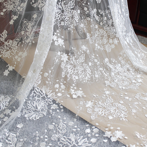 Floral Embroidered White Lace Bridal Fabric by the Yard