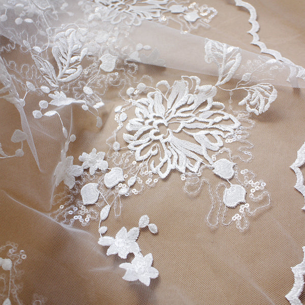 51 inches Off White Floral Embroidery Mesh Lace Fabric with Sequins Dotted,  White Beaded Bridal Tulle Lace Fabric Scalloped Edging Wedding Dress Veil